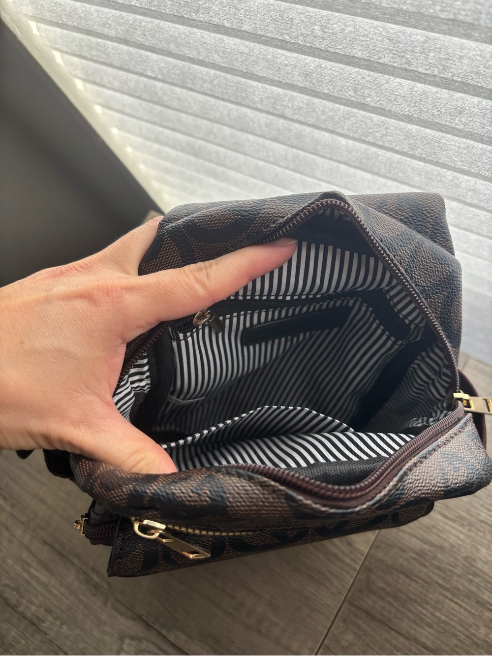 Brown Sling Backpack with Signature Pattern - Picture 6 of 8